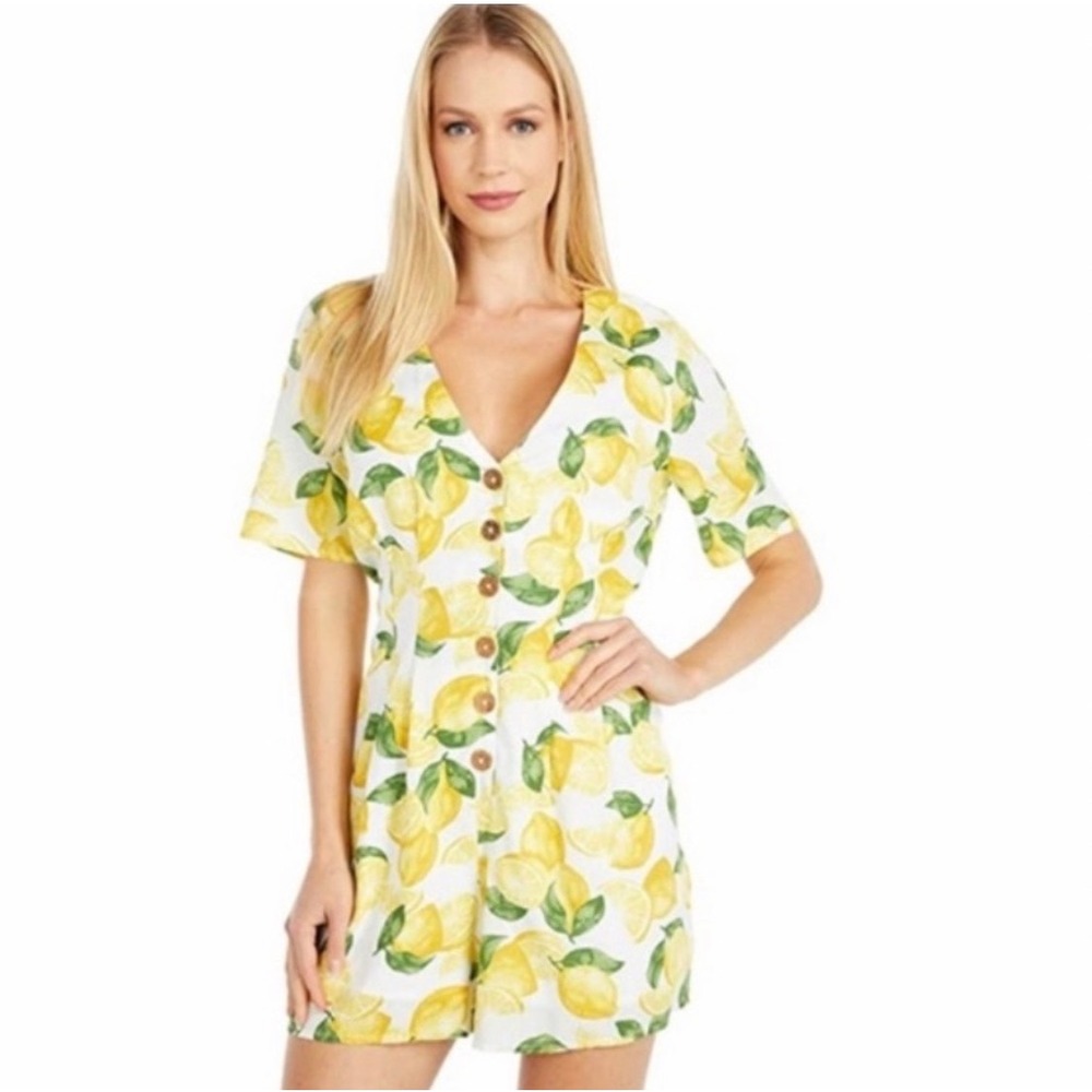 BCBGeneration Lemon Print Romper Women L Yellow White Cotton Linen V-Neck Button